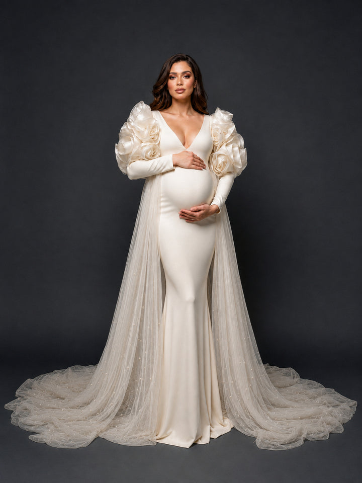 Ivory Deep V-Neck 3D Rose Shoulder Maternity Photoshoot Gown HY269001