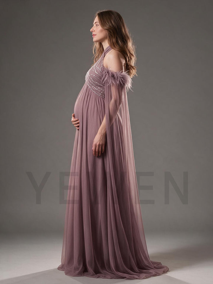 Feather Trim Sequin Halter Maternity Dress for Baby Shower YW2609235