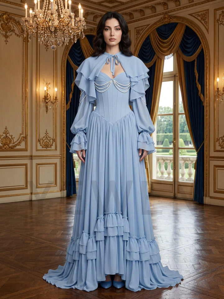 Blue Detachable Cape Sleeve Pearl Ruffle Corset Evening Gown YD260910