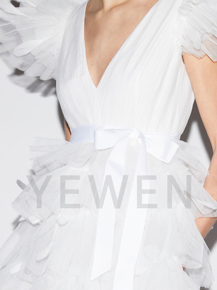 V Neck Tulle Tiered A Line Prom Bridal Dress Boho Bridal Gown