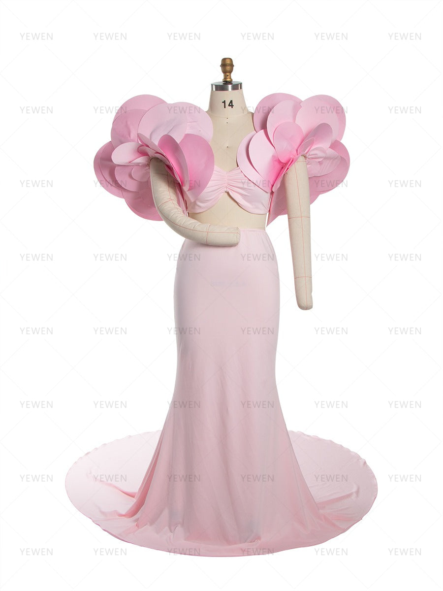 Stretchy Long Maternity Dress for Photoshoot with Handmade Flower Bicep Sleeves YW260234
