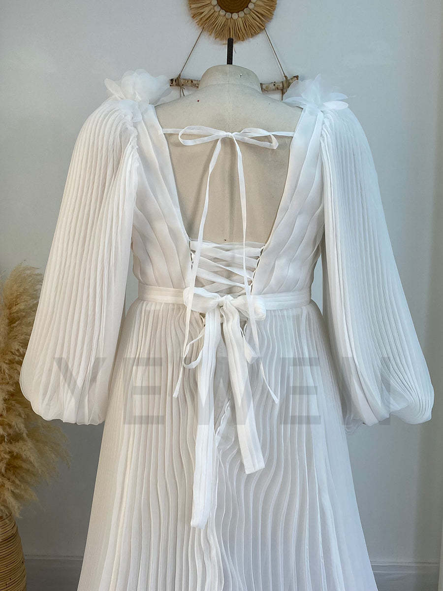 Long Sleeves V Neck Wedding Bridesmaid Dress Soft Organza Pleated Dress YW243114