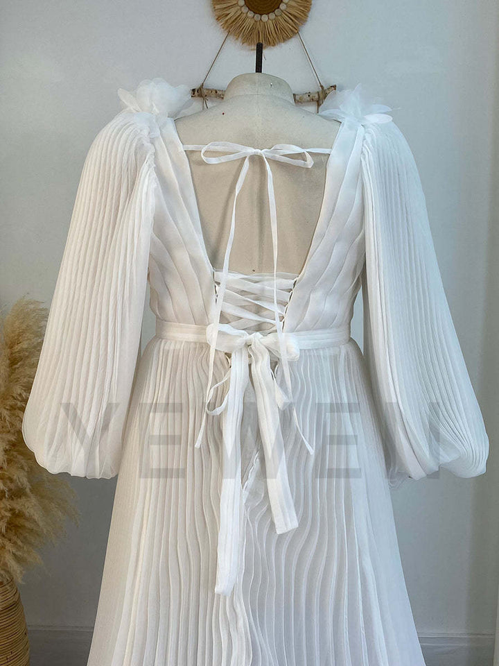 Long Sleeves V Neck Wedding Bridesmaid Dress Soft Organza Pleated Dress YW243114