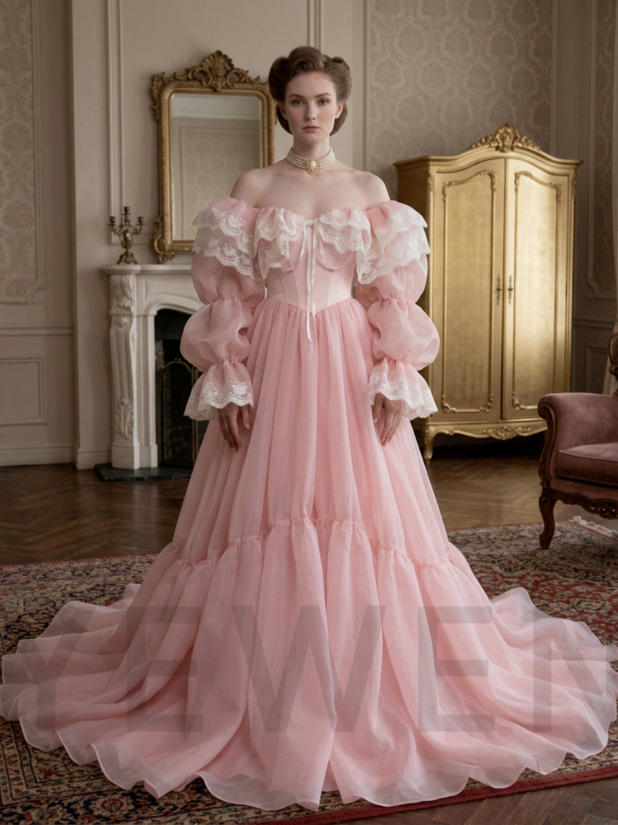 Off-Shoulder Lace Ruffle Puff Sleeve Corset Princess Dress YD260921