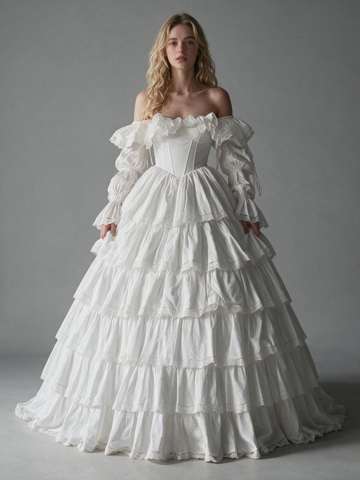 White Vintage Lantern Sleeve Tiered Ruffle Princess Dress YW2610149