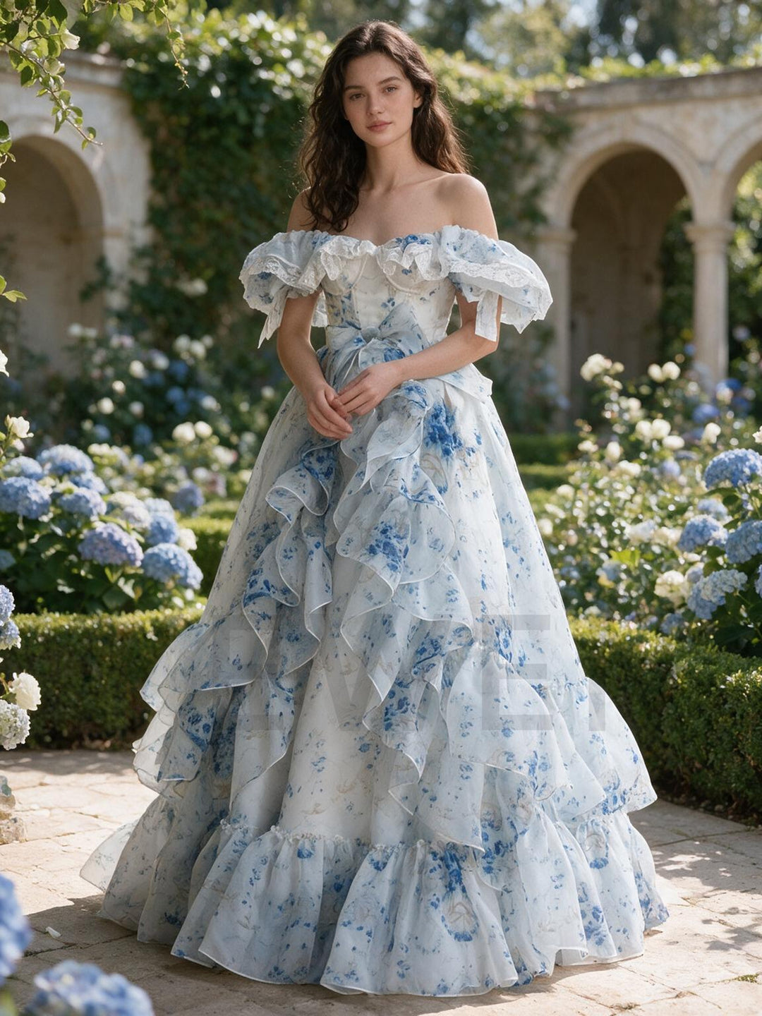 Blue Floral Off-Shoulder Puff Sleeve Princess Dress YW2609295