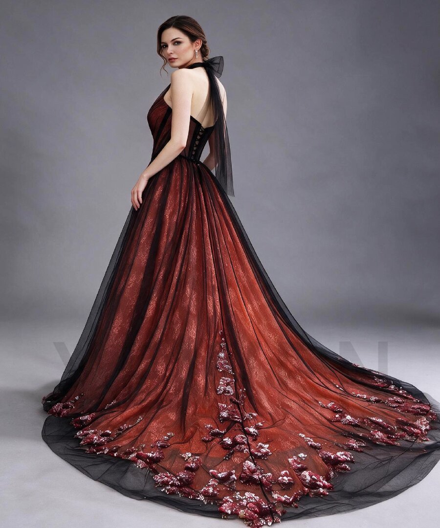 Halter Corset Tulle Evening Gown with Sequin Train YX26103