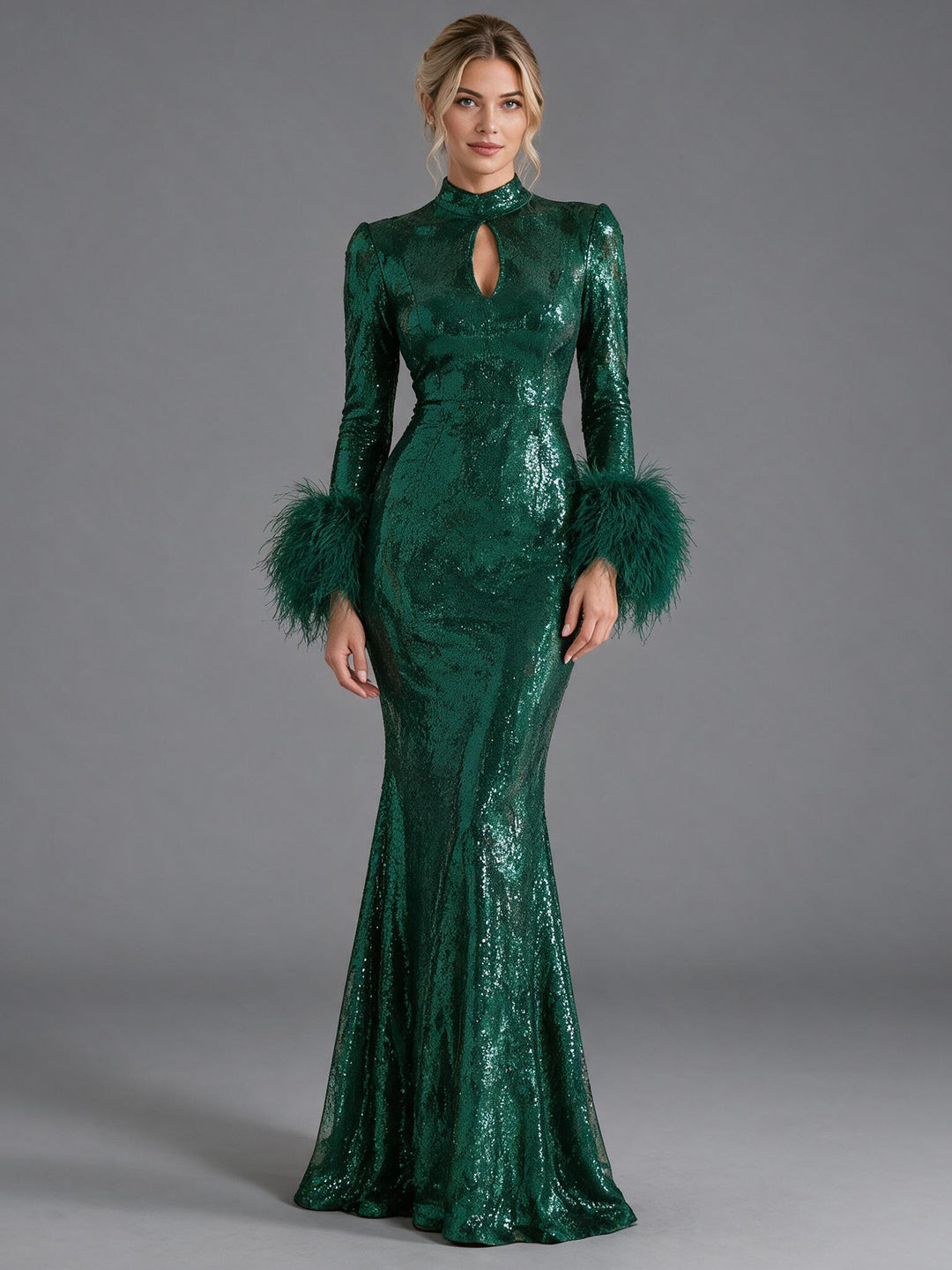 Keyhole Ostrich Feather Cuff Sequin Christmas Dress YW2609225