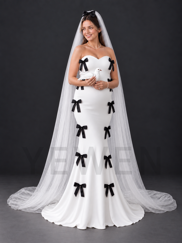 White Strapless Black Bow Maternity Wedding Dress with Veil HA260918