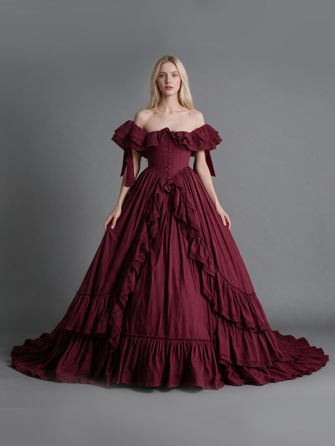 80cm Train Burgundy Off-Shoulder Ruffled Corset Tiered Princess Gown YW2610096