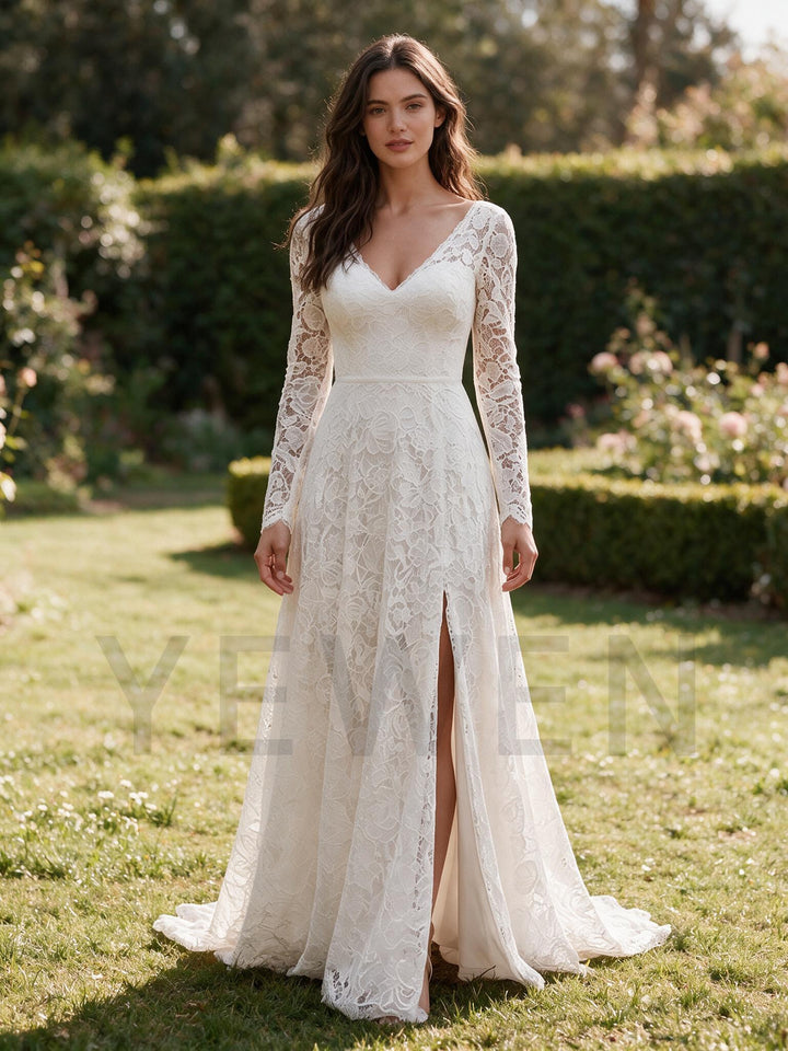 Ivory V-Neck Sheer Long Sleeve High Waist Boho Wedding Dress