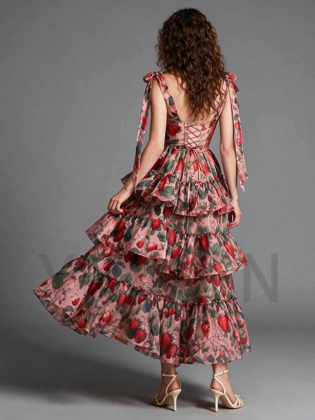 Rose Floral Tiered Ruffle Shoulder Tie Princess Dress YW2610163