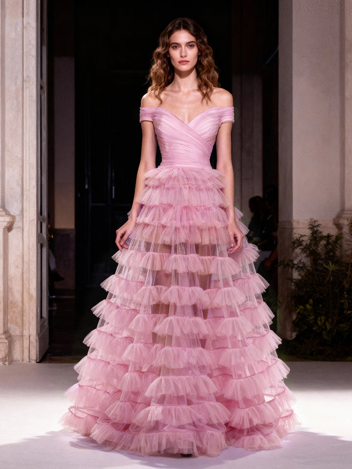 Layer Pink Prom Dress Off The Shoulder Long Evening Party Dresses F25159J