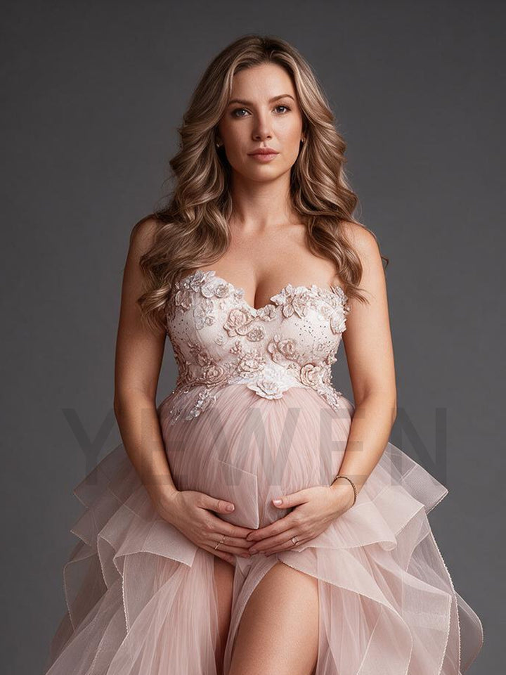 Strapless Floral Tulle High Slit Maternity Photoshoot Gown YW2693012
