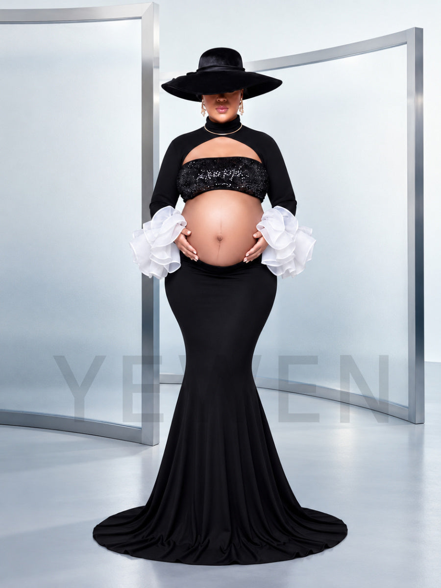Two-Piece Ruffle Cuff Mermaid Maternity Photoshoot Gown HA260915