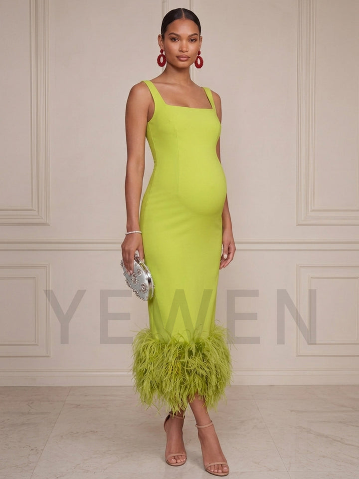 Square Neck Feather Trim Hem Maternity Baby Shower Dress YD260832