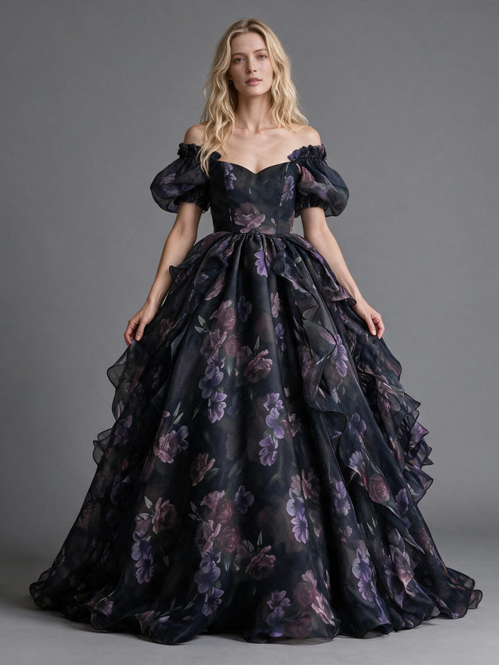 Black Purple Floral Tiered Ruffle Puff Sleeve Princess Dress YW2610151