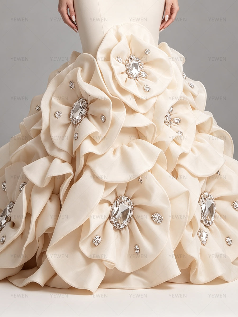 2026 Luxury Couture Mermaid Handmade Floral Train Rhinestone Photoshoot Gown Elegant Formal Occasion Dress for Photo Shoot