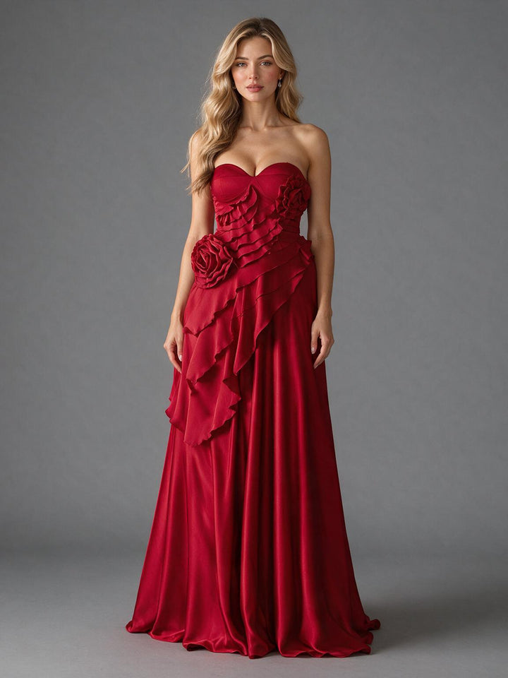 Strapless 3D Floral Ruffle Satin Christmas Dress YW2610082