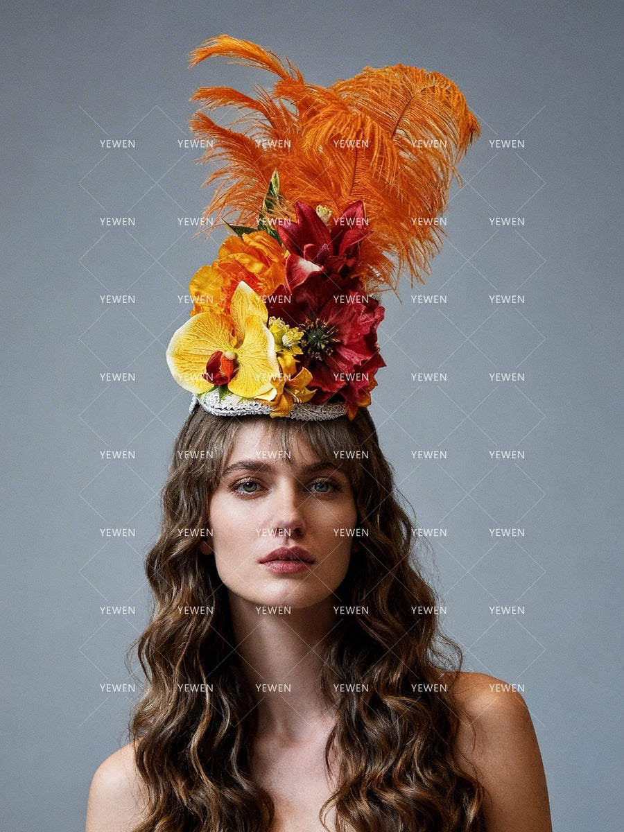 Hair Accessories Tropical Orange Feather Floral Fascinator for  Photo Shoots and Wedding Boho Hat Fascinator  YW 260317D
