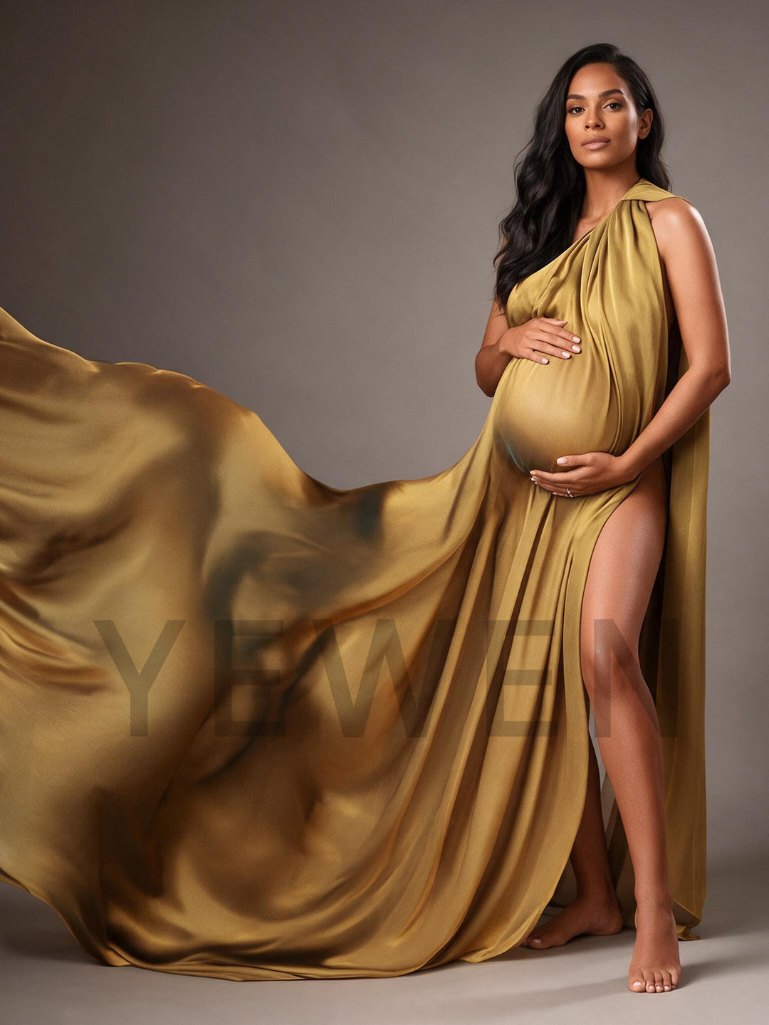 One-Shoulder High Slit Satin Maternity Photoshoot Gown YW2609305