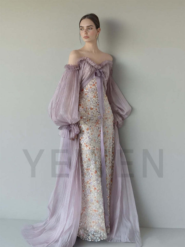 Fairy Purple Mermaid Evening Dresses Crystal Beaded Lace Women Celebrity Dress Lantern Long Sleeves Prom Gown