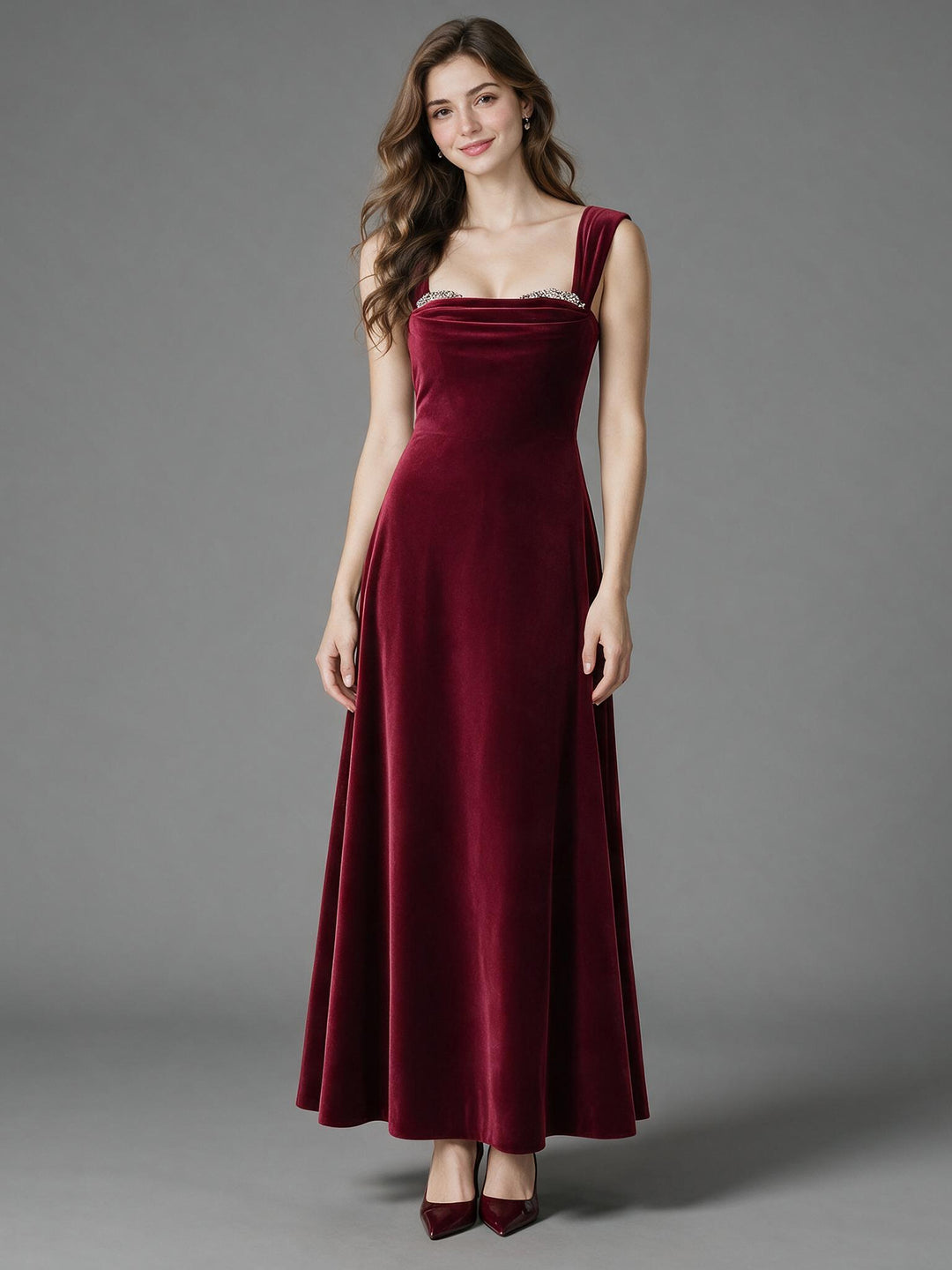 Velvet Wide Strap Rhinestone Neckline Christmas Dress YW2609211
