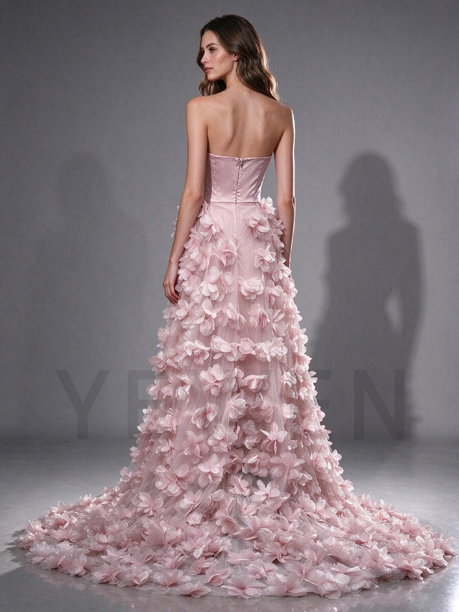 Pink Strapless Satin 3D Floral Evening Gown with Train YX002