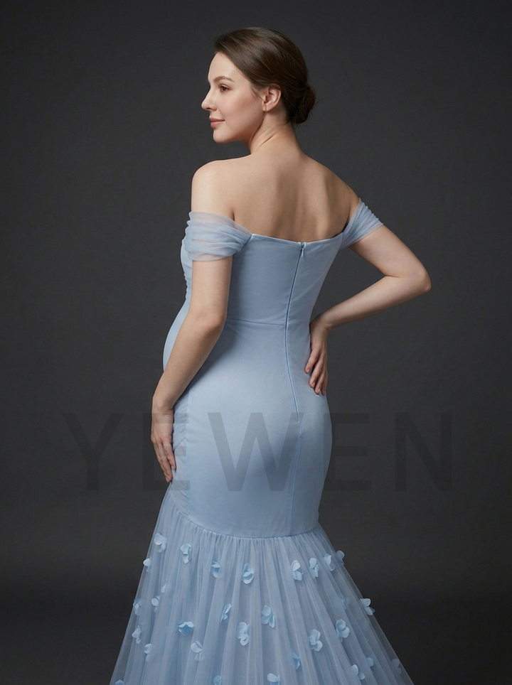 Blue Off-Shoulder 3D Floral Maternity Photoshoot Gown YD260914