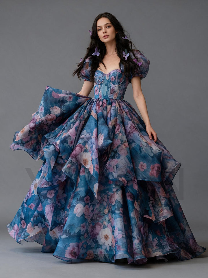 Floral Print Puff Sleeve Tiered Ruffle Princess Dress YW2610157