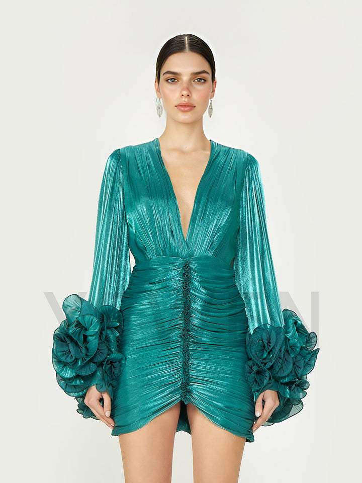 Teal Blue Short Prom Party Dress Fold Mini Dress Slim Night Party Gown