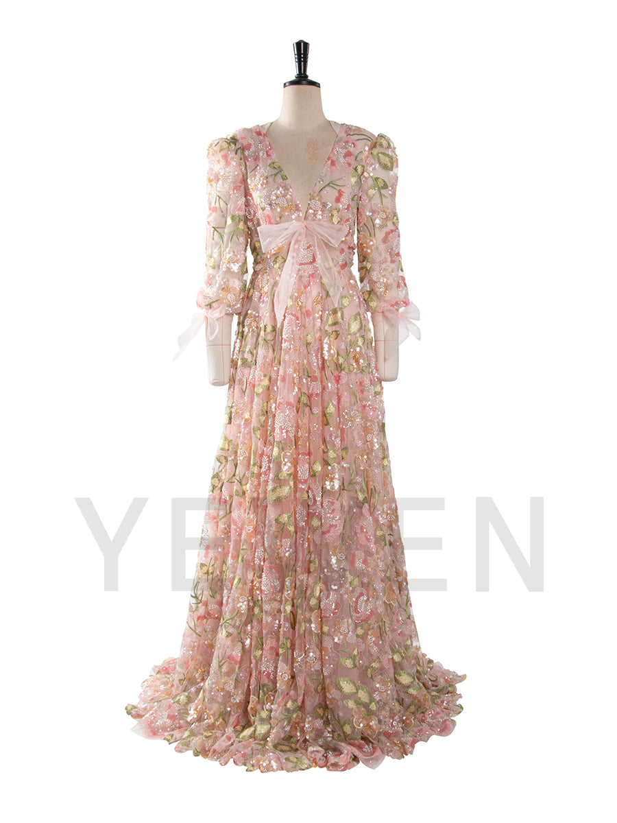 Unique Prom Dress Puffy Sleeves V Neck Embroidery Sequined Lace Evening Gown YW250079