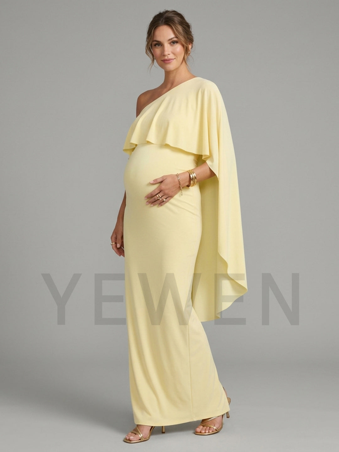 One-Shoulder Cape Sleeve Maternity Dress for Baby Shower YM261003