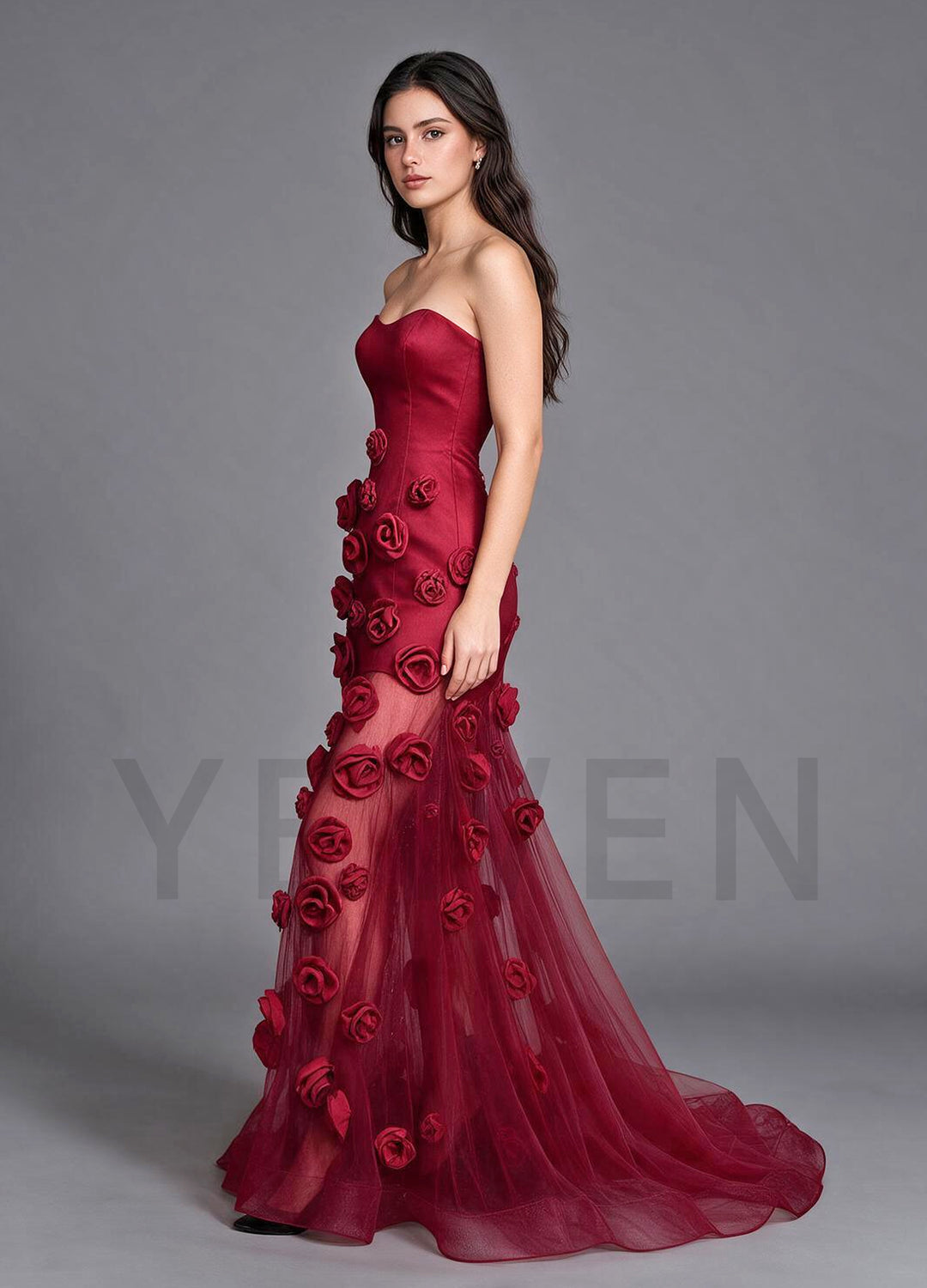 Strapless Satin 3D Handmade Rose Evening Gown with Sheer Train YX003
