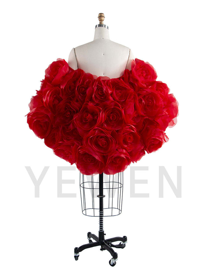 Back view of red 3D flower cape maternity photoshoot cover up with elegant floral 3D design for wedding photography