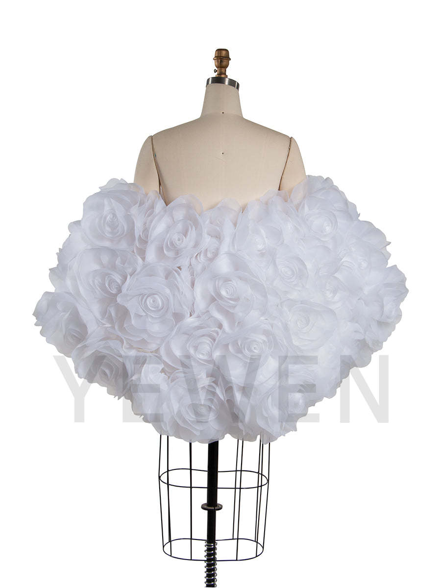 Back view of white 3D flower cape maternity photoshoot cover up with elegant floral 3D design for wedding photography