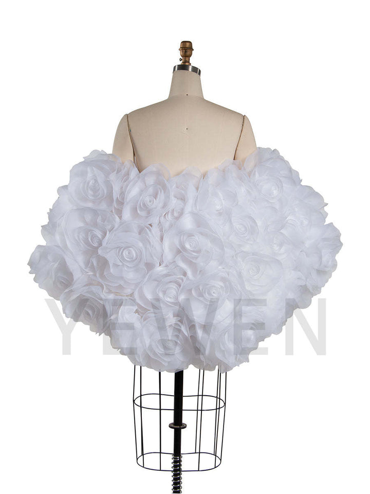 Back view of white 3D flower cape maternity photoshoot cover up with elegant floral 3D design for wedding photography