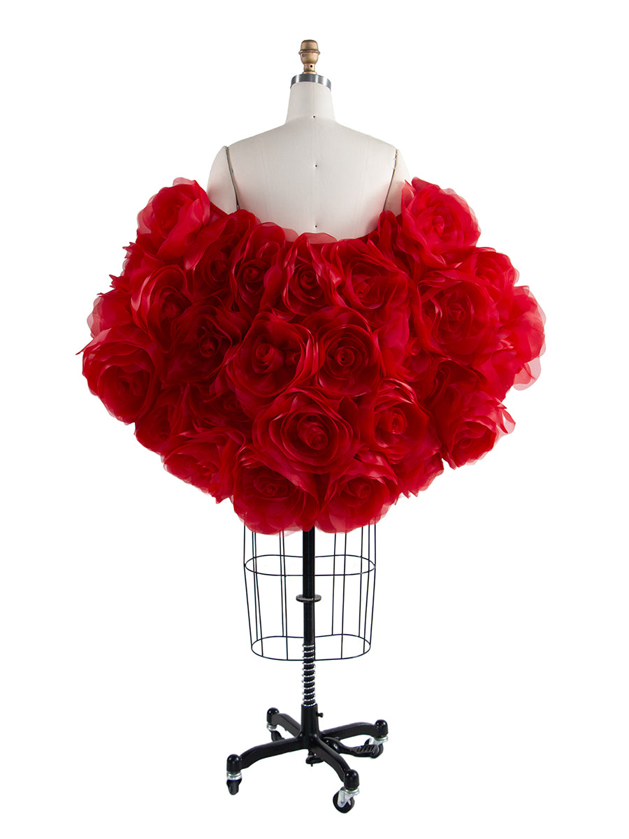 Back view of red 3D flower cape maternity photoshoot cover up with elegant floral 3D design for wedding photography