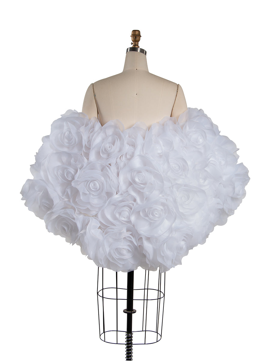 Back view of white 3D flower cape maternity photoshoot cover up with elegant floral 3D design for wedding photography