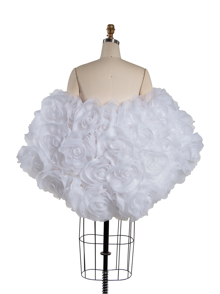 Back view of white 3D flower cape maternity photoshoot cover up with elegant floral 3D design for wedding photography