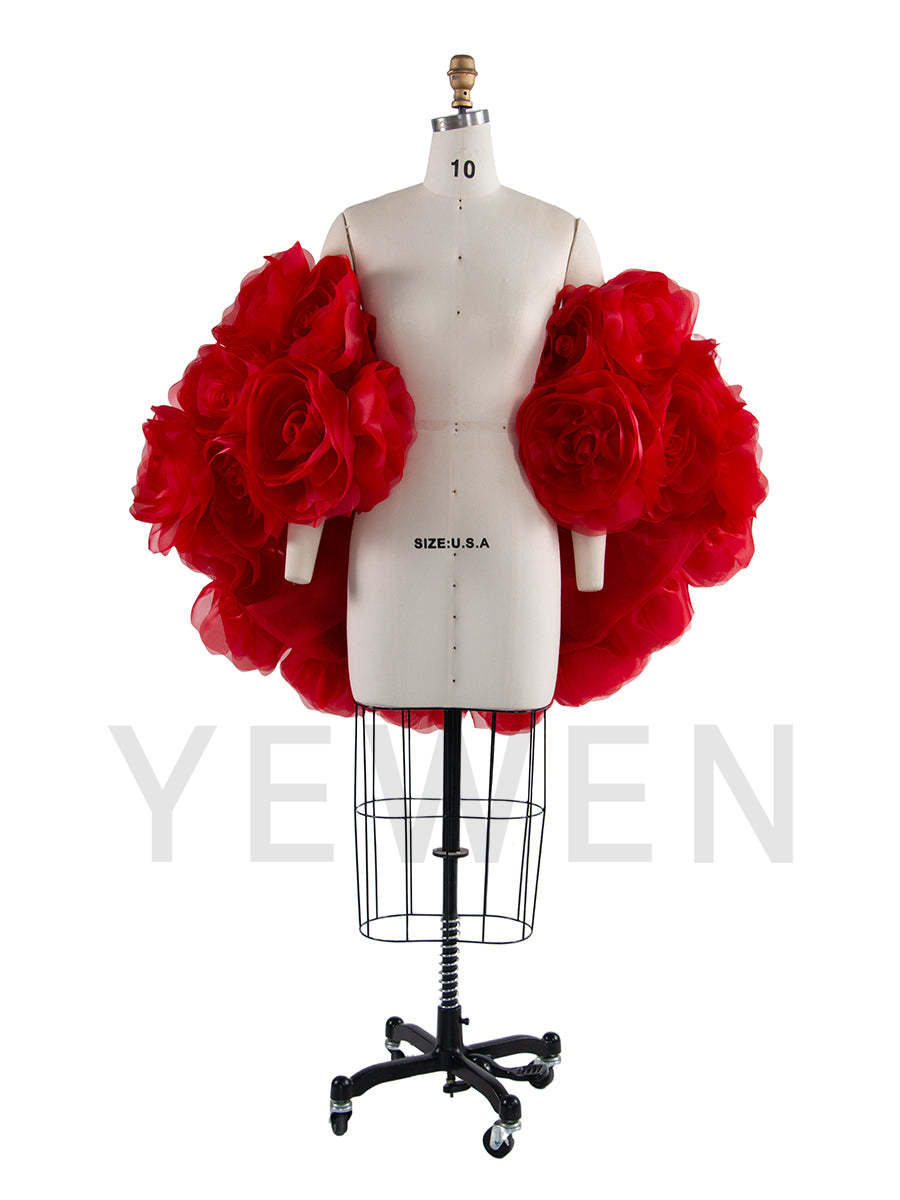 Front view of red 3D flower cape maternity photoshoot cover up for women designed for elegant wedding and photography styling