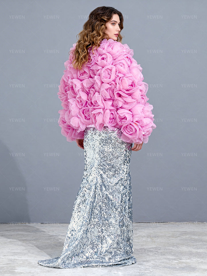 Custom made 3D flower outfit with personalized pink organza jacket design for unique bridal fashion