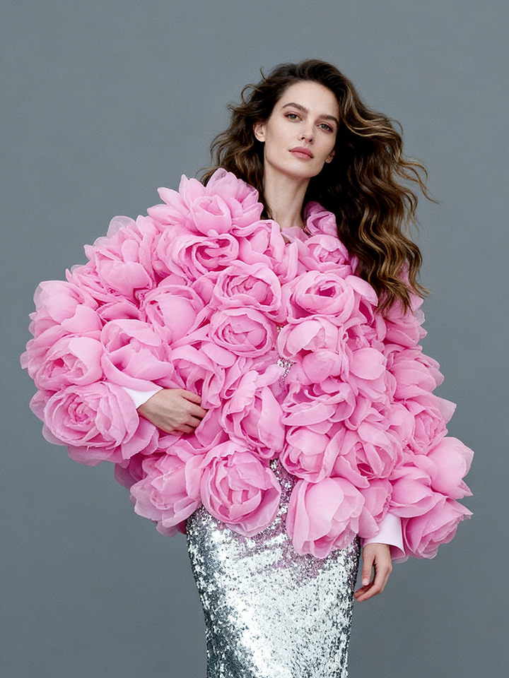 Woman wearing a pink floral garment against a gray background