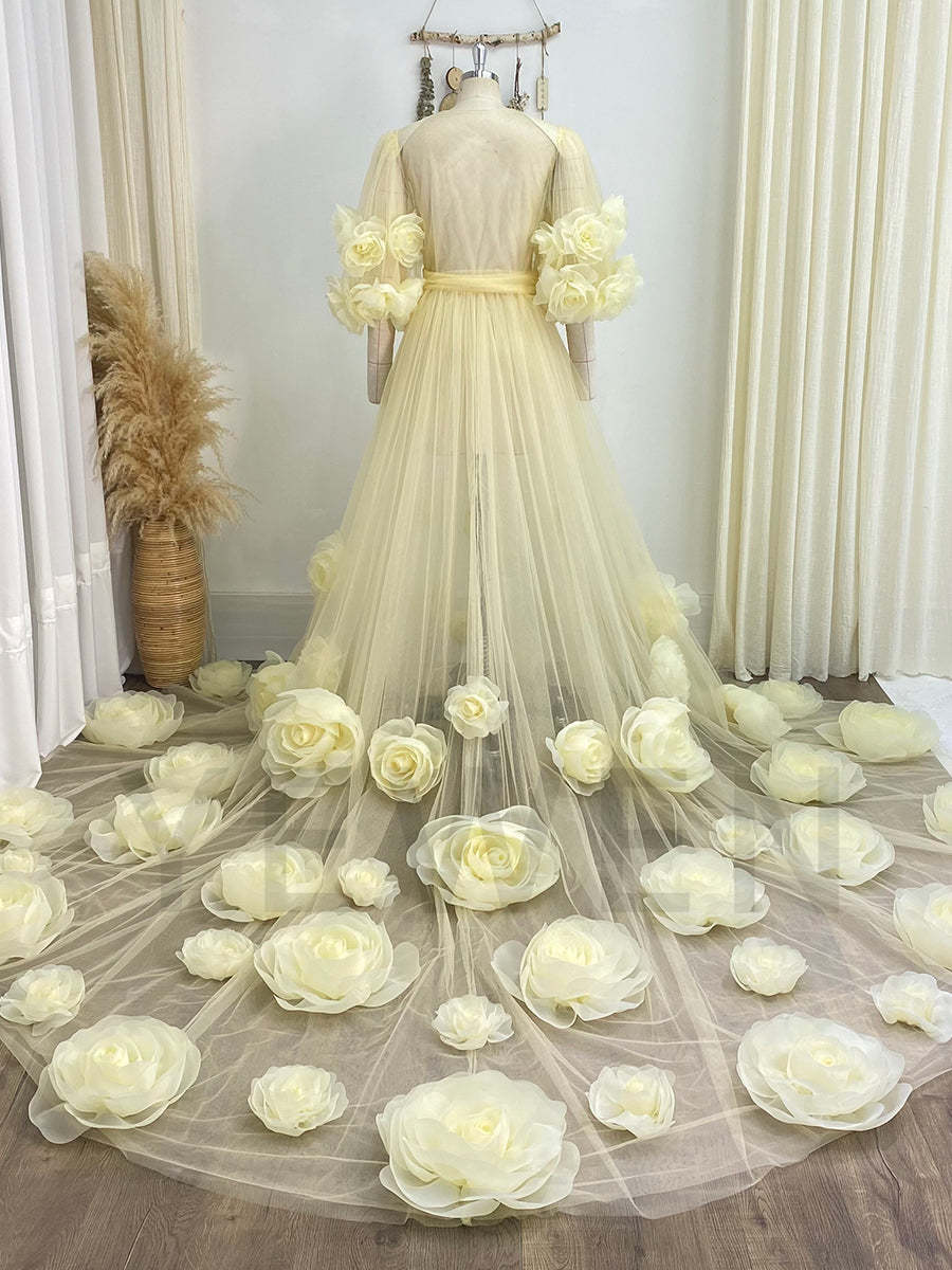 Back view of 3D rose bridal robe designed for honeymoon, boudoir photoshoot, and bridal coverup styling