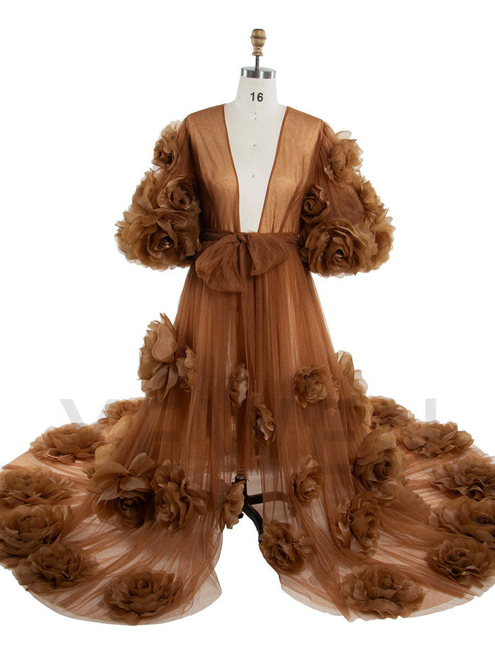 Full body view of brown 3D rose bridal robe designed as boudoir coverup for honeymoon and bridal photoshoot