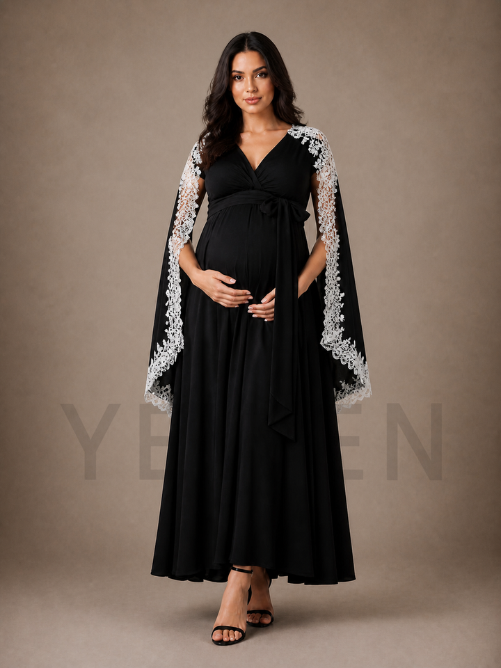 Black Maternity Baby Shower Dress V-Neck Gown with White Lace Cape Sleeves ZX015