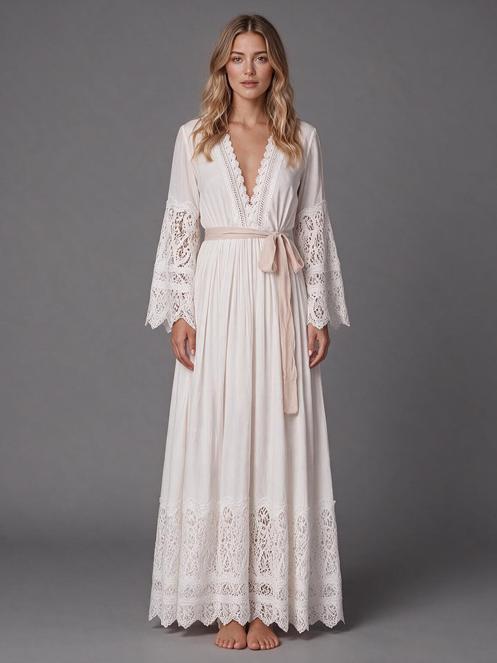 Ivory V-Neck Lace Bell Sleeve Boho Wedding Dress with Flowy Maxi Skirt
