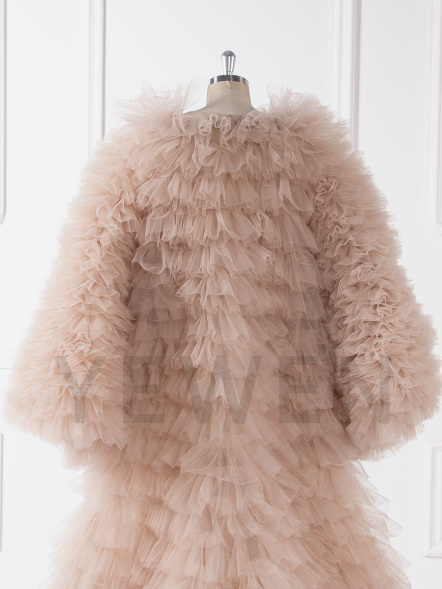 Luxury Volume Tulle Long Jacket Puffy Sleeves Women Cloak Outwear YW251038