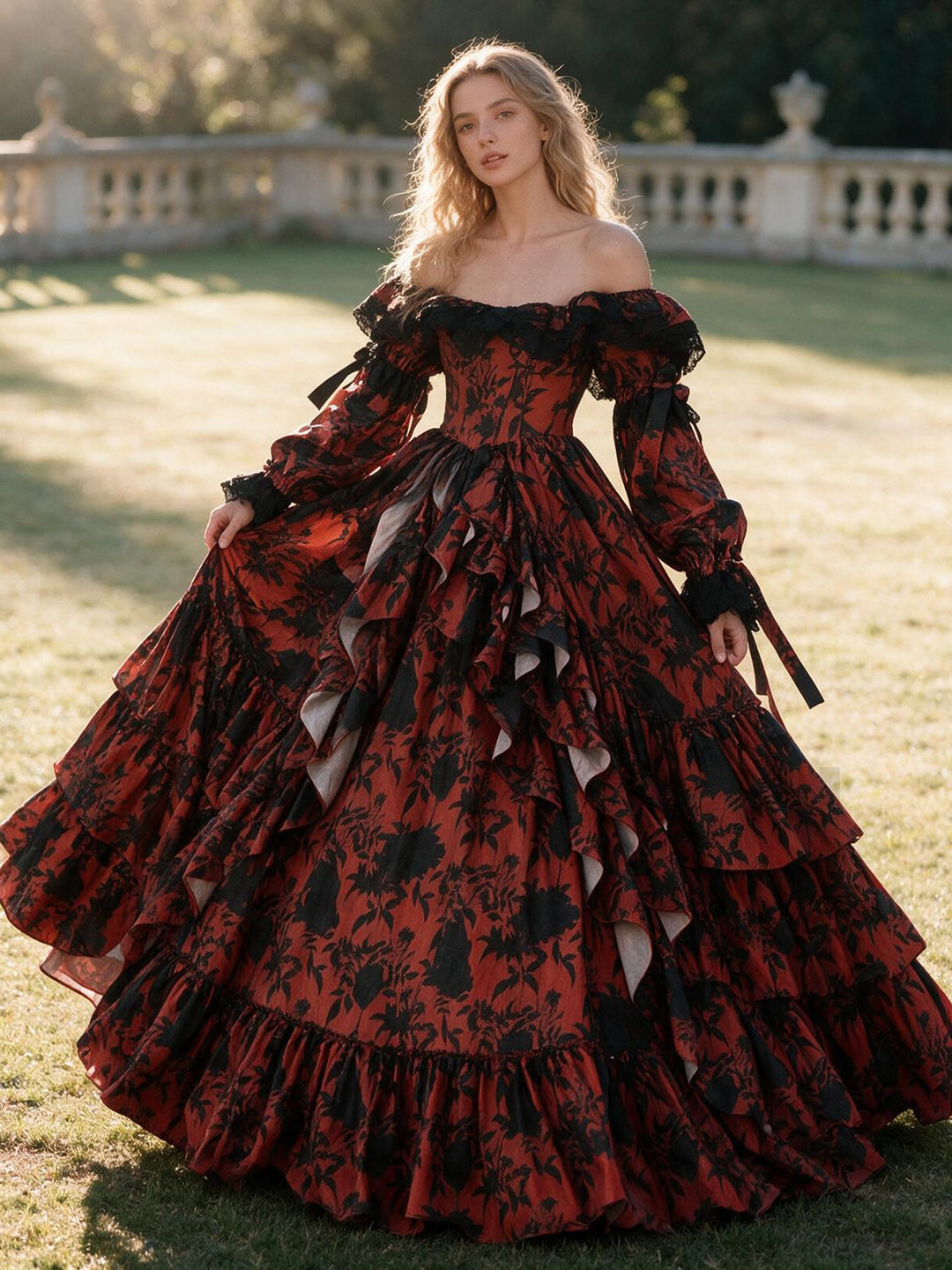 Victorian Off-Shoulder Floral Long Puff Sleeves Princess GownYW2610097