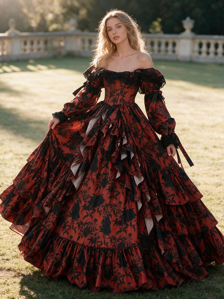 Victorian Off-Shoulder Floral Long Puff Sleeves Princess GownYW2610097